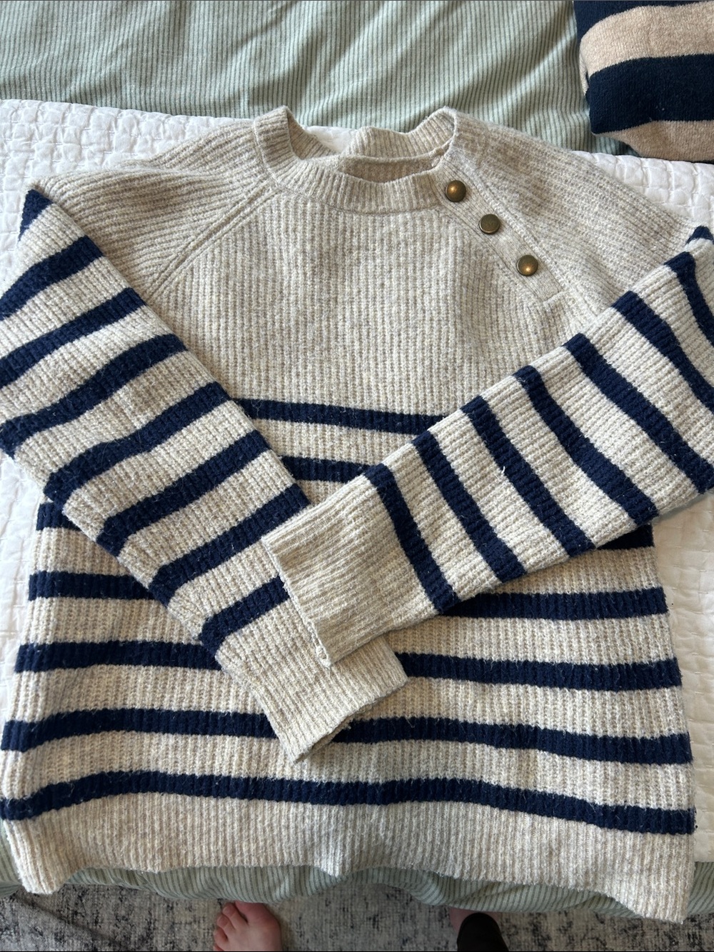 Knox Rose Navy & Cream Striped Crewneck Sweater with Brass Button Detail